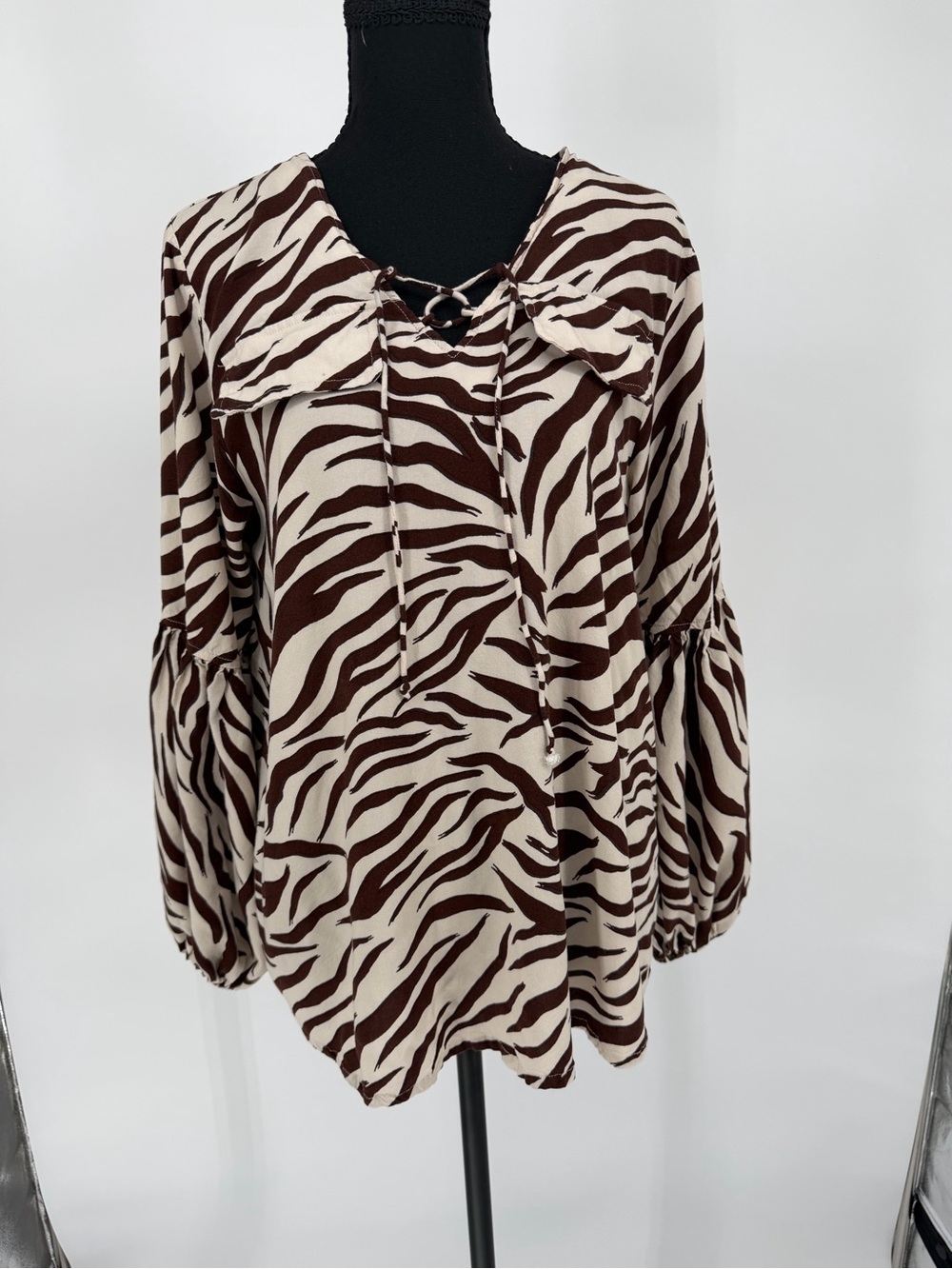Women's Brown Zebra Print V-Neck Blouse with pockets and ties